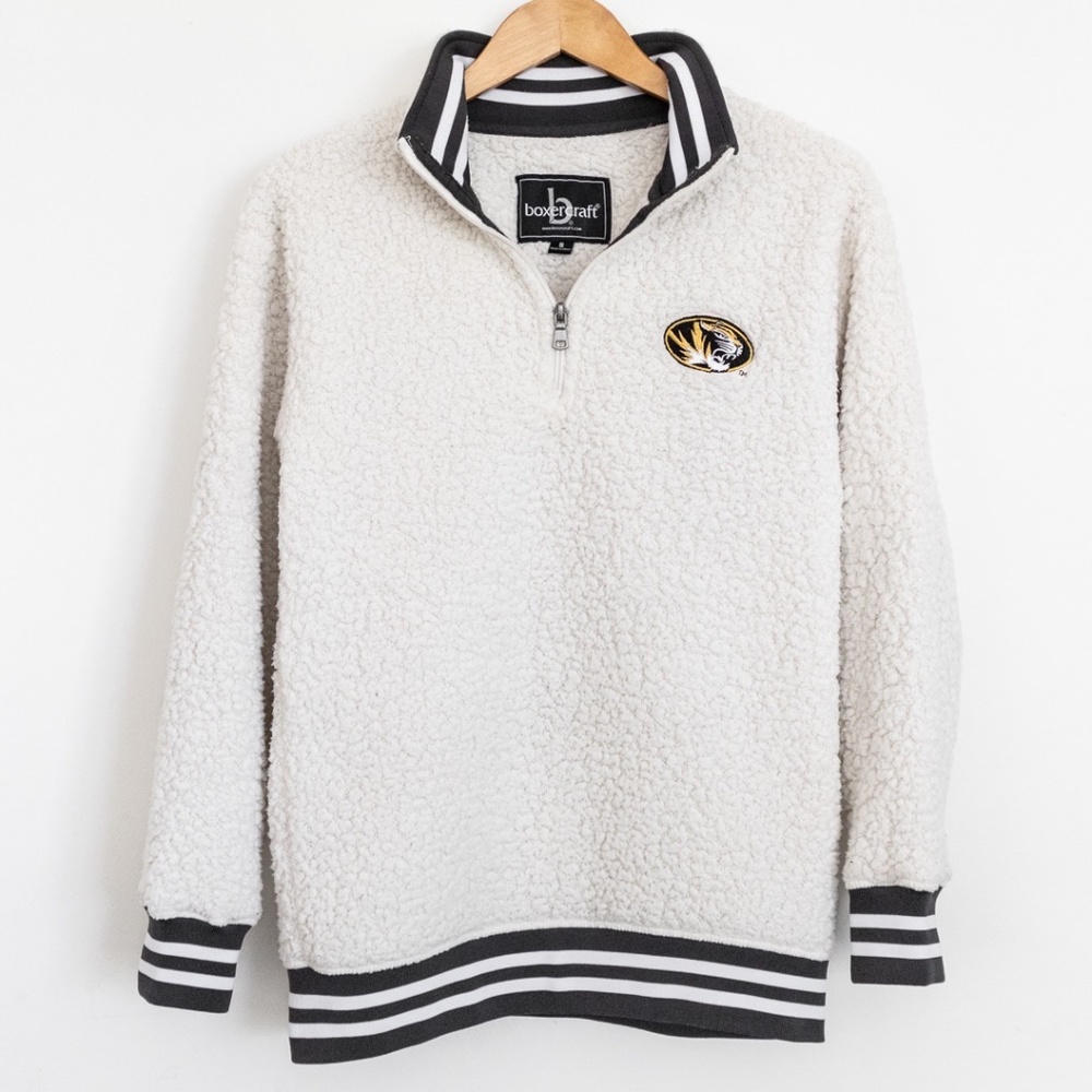 BOXERCRAFT WOMEN'S UNIVERSITY OF MISSOURI WHITE SHERPA QUARTER-ZIP PULLOVER
